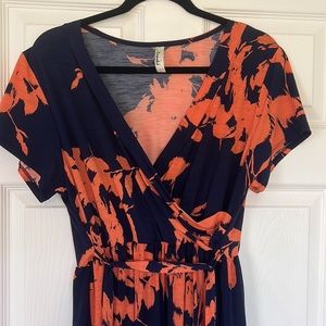 Emerald Navy and Coral Empire Waist Surplice Maxi Dress